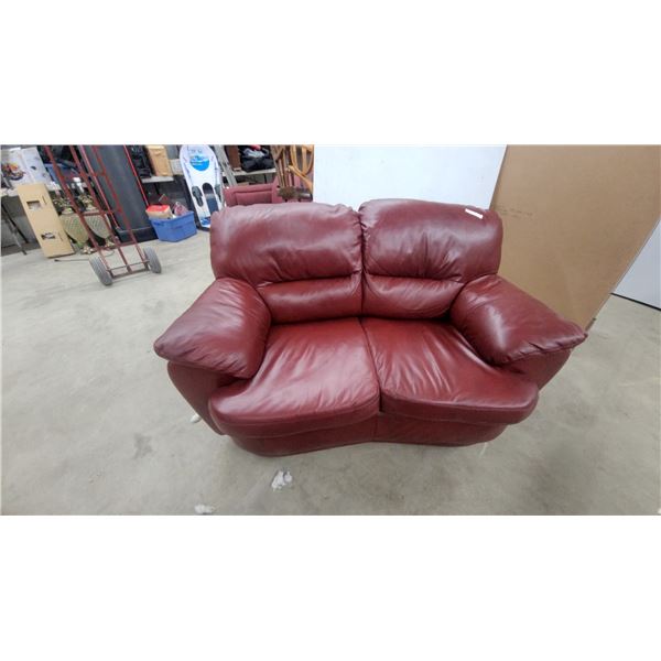 Burgundy Leather Overstuffed Two-Seater Loveseat with Rounded Arms 62" Wide