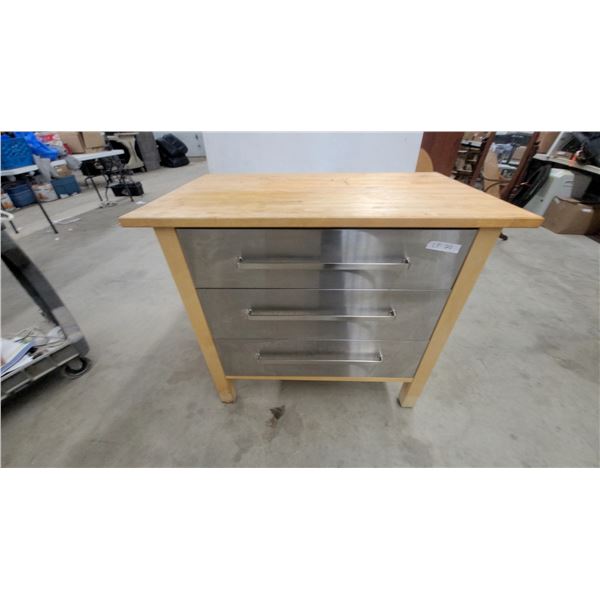 Wooden Kitchen Island with Butcher Block Top and Three Stainless Steel Pull-Out Bins 35 x 42 x 25"
