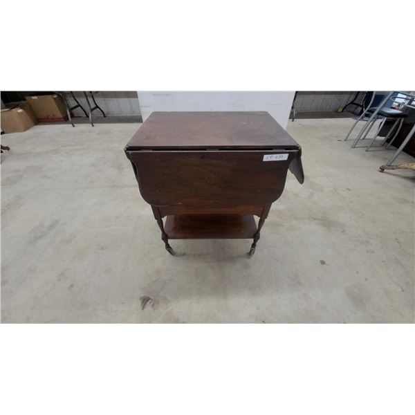 Vintage Dark Wood Drop-Leaf Serving Tea Cart with Turned Legs, Lower Shelf, and Casters