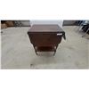 Image 1 : Vintage Dark Wood Drop-Leaf Serving Tea Cart with Turned Legs, Lower Shelf, and Casters