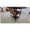 Image 6 : Vintage Dark Wood Drop-Leaf Serving Tea Cart with Turned Legs, Lower Shelf, and Casters