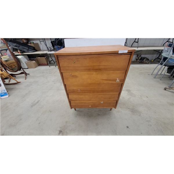 Mid-Century Wooden Four-Drawer Chest with Decorative Motifs and Tapered Legs 44 x 34 x 18"