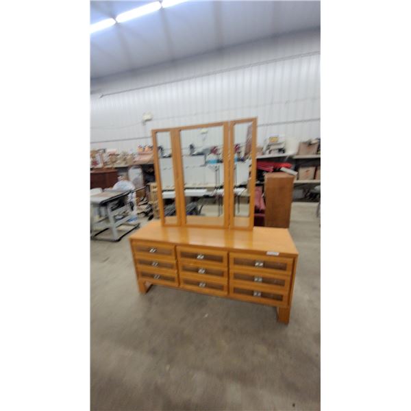 Light-Toned Wooden 9-Drawer Dresser 30 x 64 x 19" with Tri-Fold Mirror44 x 44", Mid-Century Modern
