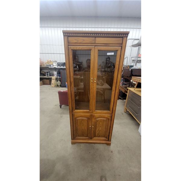 Oak Curio Display Cabinet with Glass Doors and Dentil Molding 77 x 17 x 32"