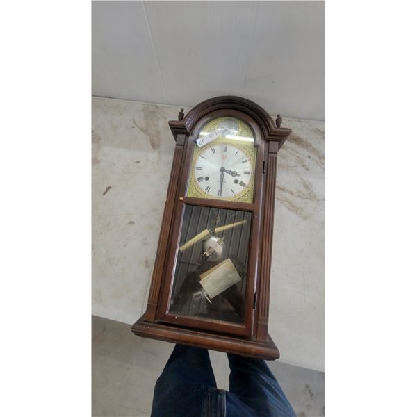 Vintage Tempus Fugit 31-Day Pendulum Wall Clock with Arched Wooden Case and Roman Numerals 13 x 26"