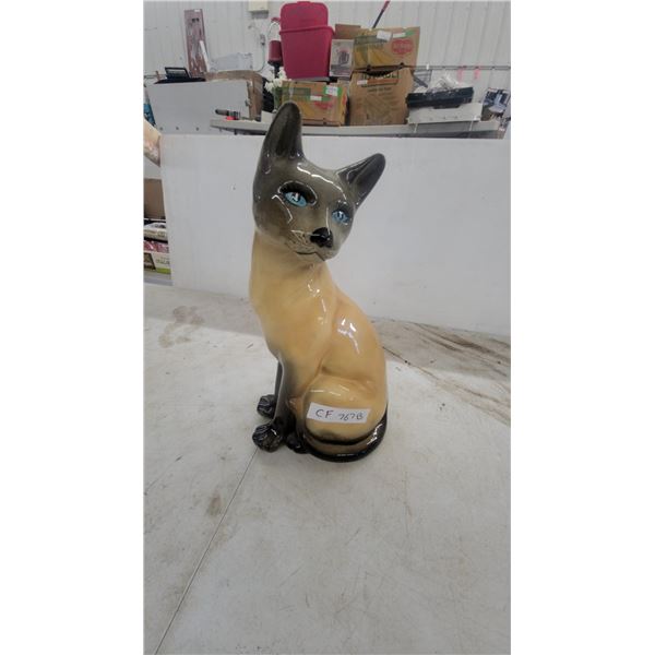 Vintage Pottery Siamese Cat Figurine, Glossy Glazed Ceramic, Mid-Century 17" Tall