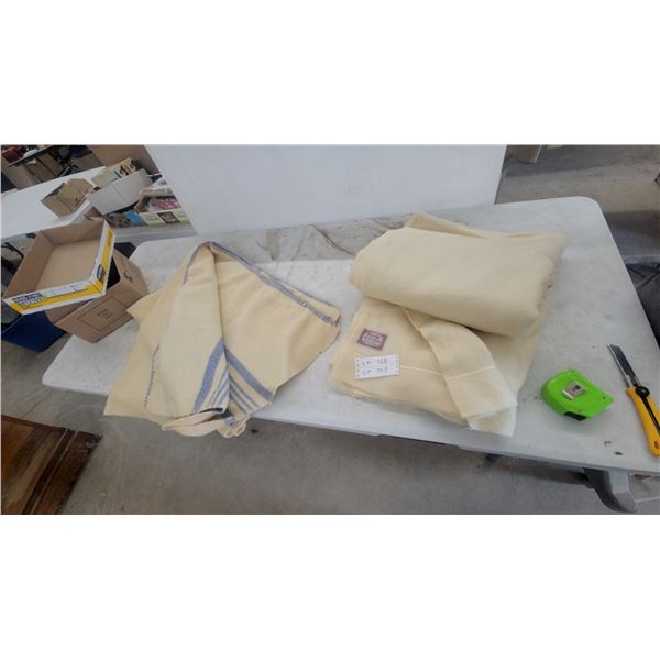 Marlon Hill All Wool Blankets, 100% Pure New Wool, Cream and Blue Stripe, Lot CP 768 2x