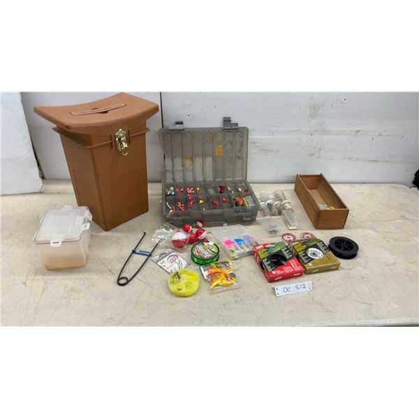 EMSCO Model 905S Brown Plastic Cooler Seat and Assorted Fishing Tackle, Lures, Line, and More