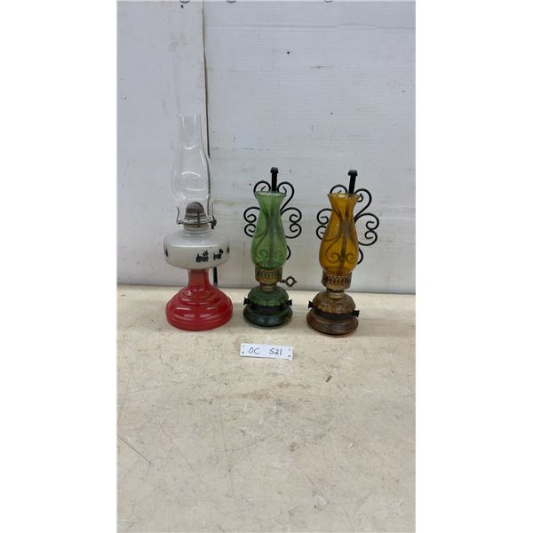 Vintage Oil Lamps: Scottie Dog Kerosene Lamp, 18 1/4" H.  Green and Amber Glass Wall Mount Lamps, 13