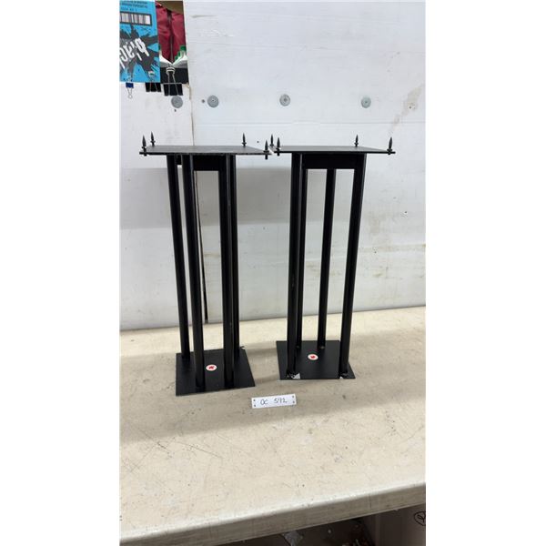 Pair of Black Metal Four-Pillar Speaker Stands with Spiked Top Plates and Square Bases