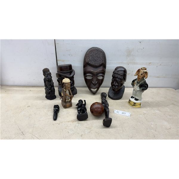 Carved Wooden African Figurines, Mask, 15 x 7 1/2" Bust,and Ceramic Decanter and More