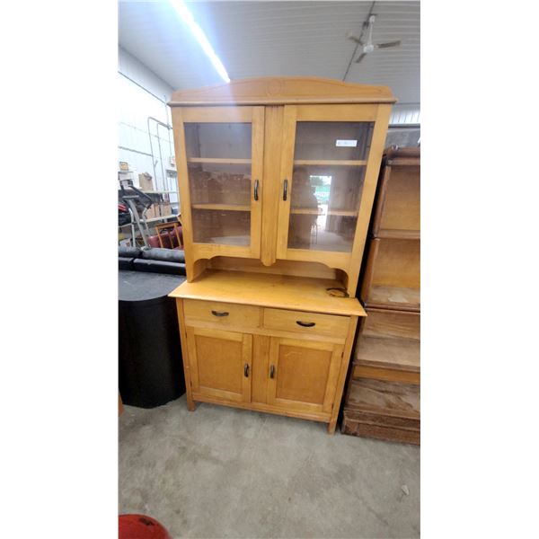 Vintage Wooden Hutch China Cabinet with Glass Doors, Two Drawers, and Lower Cabinet Storage 2pce