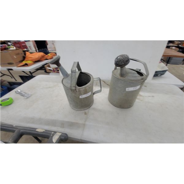Vintage Galvanized Steel Corrugated Watering Cans with Rose Sprinkler Heads, Set of 2