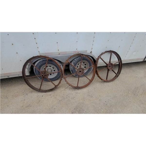 Antique Cast-Iron Spoked Traction Wheels with Cleated Rims, Farm Tractor Implement, Set of 3 30 "