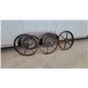 Image 1 : Antique Cast-Iron Spoked Traction Wheels with Cleated Rims, Farm Tractor Implement, Set of 3 30 "