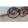Image 2 : Antique Cast-Iron Spoked Traction Wheels with Cleated Rims, Farm Tractor Implement, Set of 3 30 "