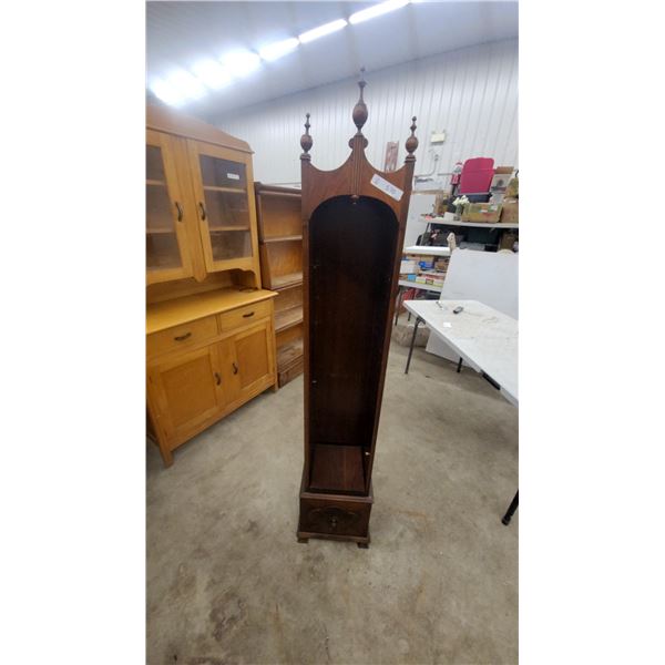 Antique Tall-Case Grandfather Style With Three Turned Finials and Arched Opening Has Shelves