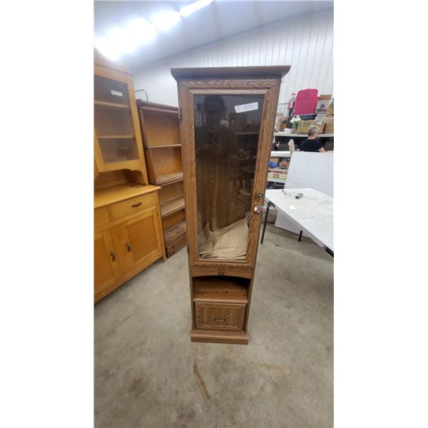 Oak Style Tall Narrow Display Cabinet with Glass Door, Open Cubby, and Drawer 64 x 16 x 15"