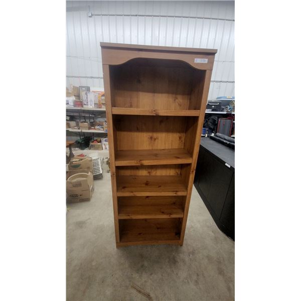 Five-Shelf Wooden Bookshelf with Decorative Curved Top Pediment, Medium Brown Stain 72 x 12 x 30"