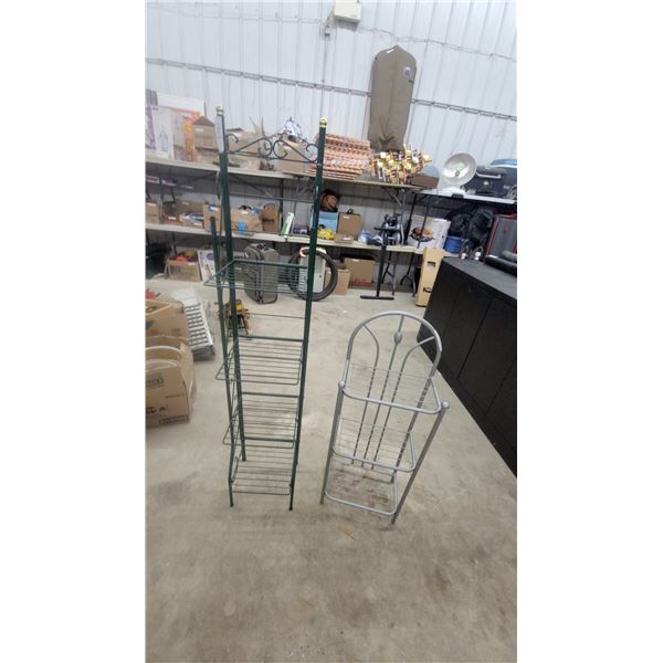 Decorative Metal Plant Stands, Green 6-Tier with Scrollwork and Silver 3-Tier with Ball Finials