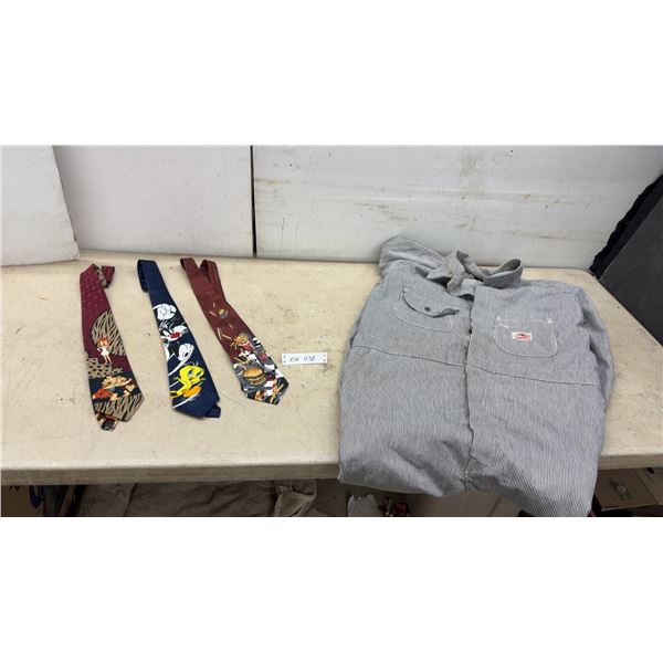 Three Novelty Neckties (Flintstones, Looney Tunes, Fast Food) and GWG Red Strap Pinstripe Overalls