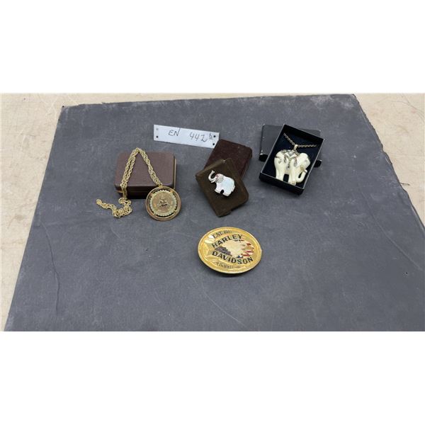 Harley-Davidson Belt Buckle, Elephant Pendant Necklace, & Elephant Pin