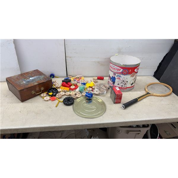 Tinkertoy Ultra Construction Set, Wooden Loon Box, Spalding Racquet, Disney Baseball