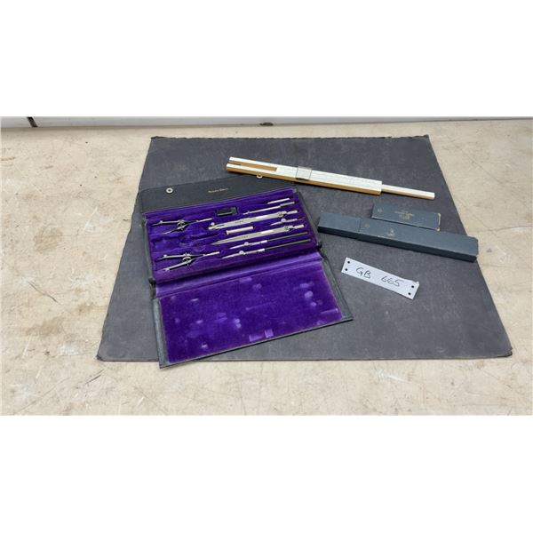 Hughes-Owens #1070C Drafting Set and #1768C Bamboo Slide Rule by Hemmi Sun Japan