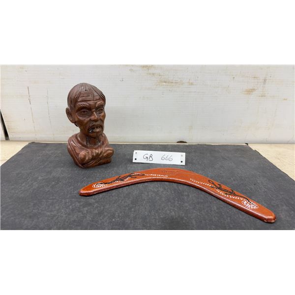 Carved Brazilian Smoking Head Bust and Handmade Australian Boomerang