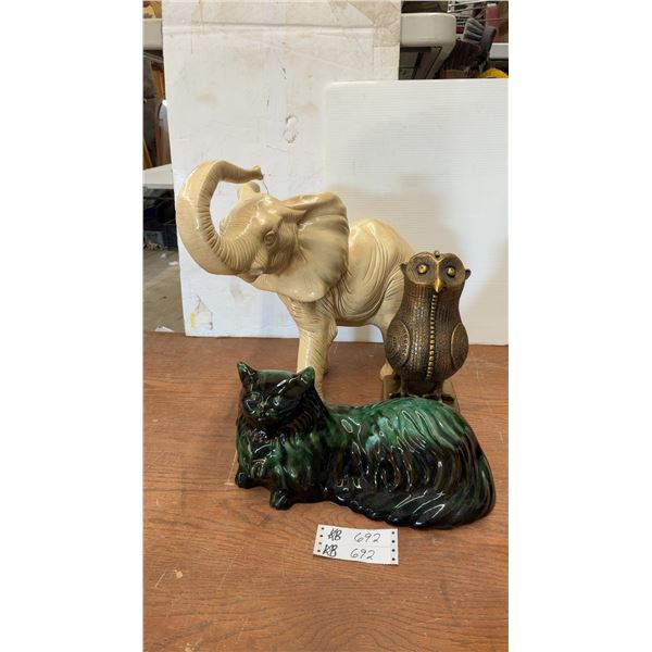 Austin Prod. Inc. 1965 Owl Sculpture, Ceramic Elephant Sculpture, & Blue Mountain Style Cat