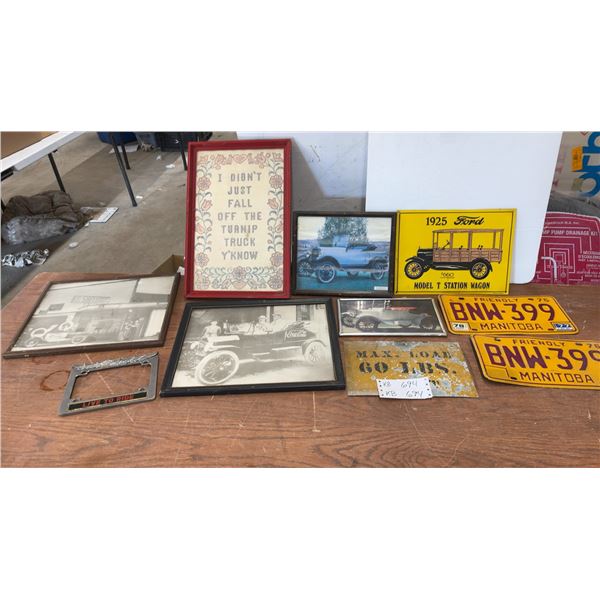 Vintage Ford Model T Station Wagon Sign, Framed Art, and Manitoba License Plates