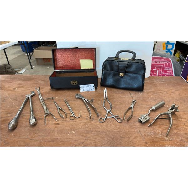 Vintage Medical Instruments: Surgical Bag, Retractors, Forceps, & More