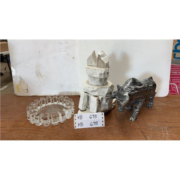 Marble Bull Sculpture, Stacked Stone Cat Sculpture, & Glass Ashtray