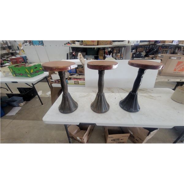 Vintage Industrial Cast Iron Pedestal Stools with Round Wood Seats, Set of 3