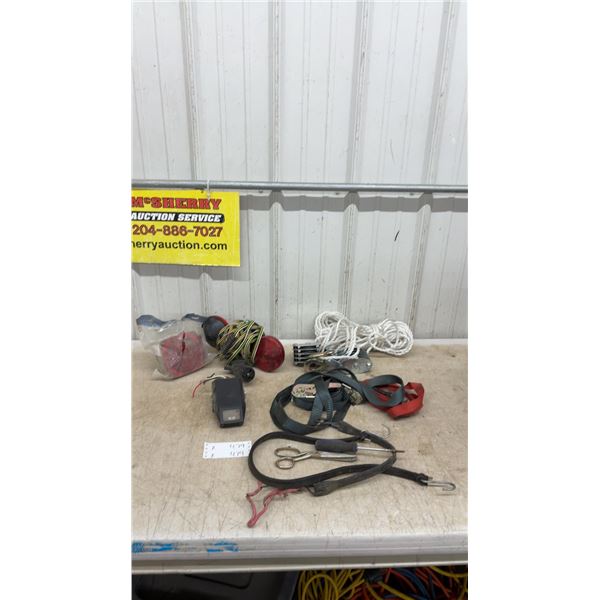 Trailer Lights with Wiring Harness, Ratchet Straps, Rope with Pulleys, Bungee Cords and More