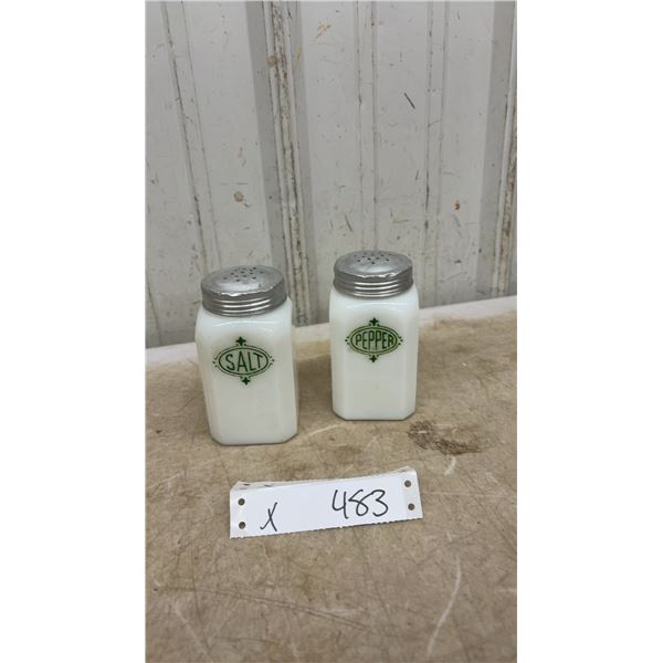 Vintage Milk Glass Salt and Pepper Shakers with Green Labels and Metal Lids