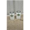Image 2 : Vintage Milk Glass Salt and Pepper Shakers with Green Labels and Metal Lids