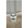 Image 3 : Vintage Milk Glass Salt and Pepper Shakers with Green Labels and Metal Lids