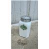 Image 4 : Vintage Milk Glass Salt and Pepper Shakers with Green Labels and Metal Lids