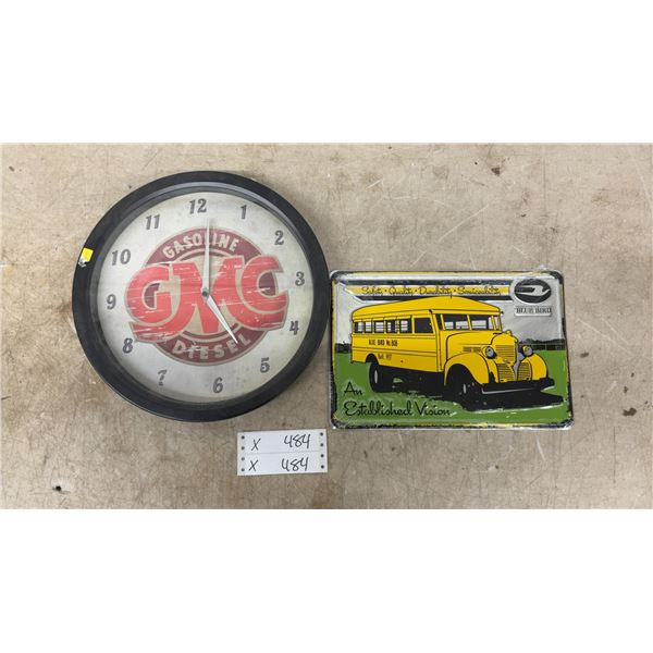GMC Gasoline Diesel Wall Clock and Blue Bird 1937 School Bus Embossed Metal Sign- Clock Diameter