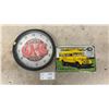Image 1 : GMC Gasoline Diesel Wall Clock and Blue Bird 1937 School Bus Embossed Metal Sign- Clock Diameter