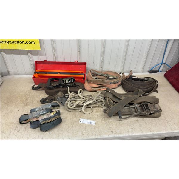 Assortment of Ratchet Straps, Tie-Downs, Rope, and Emergency Warning Triangles in Red Case