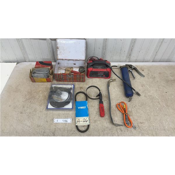 12V Battery Charger, Grease Gun, V-Belt, Tube Patch Kit, Tool Tin and More