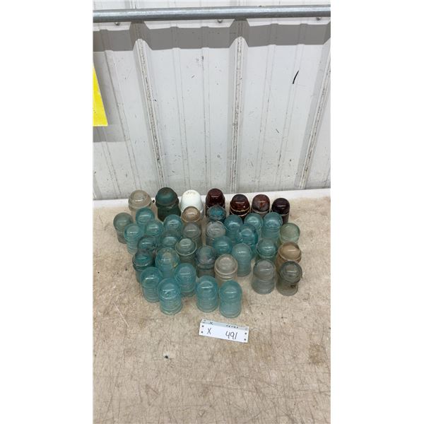 Collection of Vintage Glass and Porcelain Insulators, Aqua, Clear, White, and Brown, CPR Marked