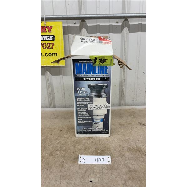 Mainline Model 1900 1/3 HP Garbage Disposal with Power Cord & Box