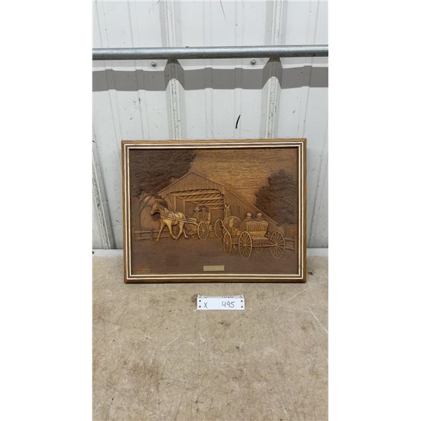 Kim Murray Framed Wood Relief Carving with Horse-Drawn Carriages-14 x 18"