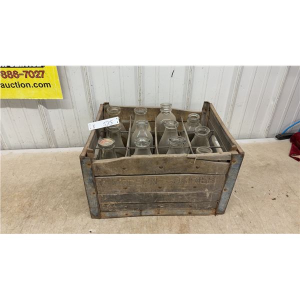 Vintage Modern Dairies Wooden Milk Crate with 12 Clear Glass Milk Bottles and Paper Caps