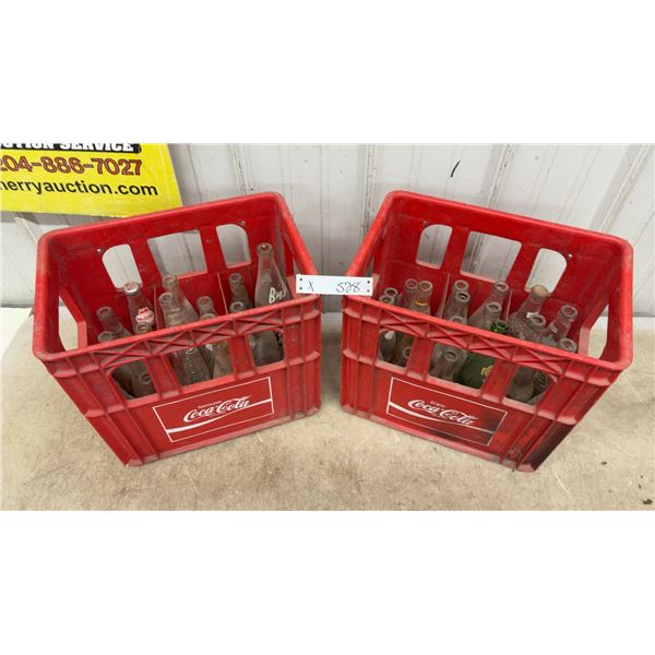 Vintage Soda Bottles in Two Red Coca-Cola Crates