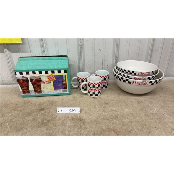 Coca-Cola Checkerboard Glassware Collection, Bell Soda Glasses, Ceramic Mugs, and Nesting Bowls