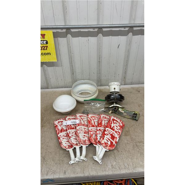 Coca-Cola Ceiling Fan with Six Logo Blades, Motor Assembly, Light Globe, and Mounting Bracket